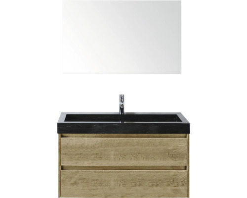 Waschtischkombination mit Spiegel, Holzunterschrank und schwarzem Waschbecken