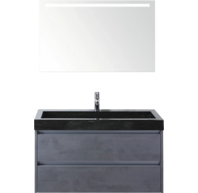 Waschtisch mit zwei Schubladen, Waschtischplatte, Armatur und Spiegel mit Beleuchtung