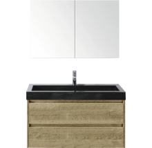 Combinaison de lavabo avec armoire de toilette, lavabo, robinet et meuble bas en bois