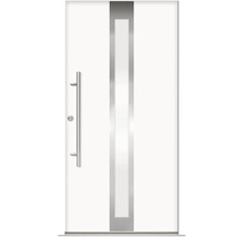 Porte d''entrée blanche avec poignée en acier inoxydable et insert en verre