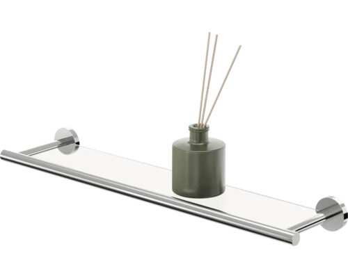 Glasablage mit Handtuchstange und Duftölflasche