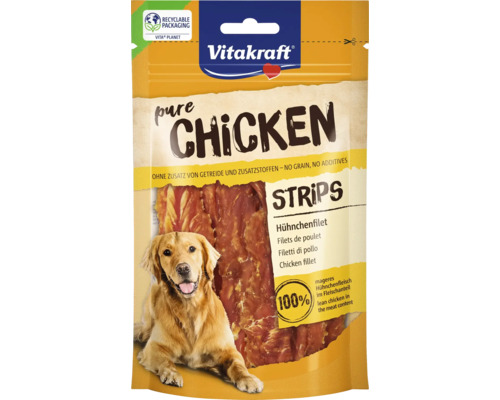 Vitakraft Pure Chicken Strips für Hunde, ohne Getreide und Zusatzstoffe, in recycelbarer Verpackung.