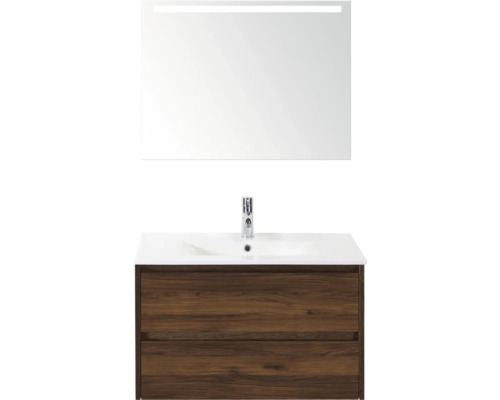 Ensemble de meubles de salle de bains Sanox Dante lxhxp 81 cm x 170 cm x 46 cm couleur de façade noyer Ensemble de meubles-lavabo avec miroir et deux tiroirs