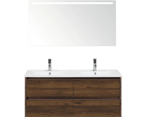 Ensemble de meubles-lavabos avec deux lavabos, meuble bas avec tiroirs et miroir avec éclairage