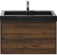 Meuble sous-lavabo avec deux tiroirs, lavabo noir et robinetterie