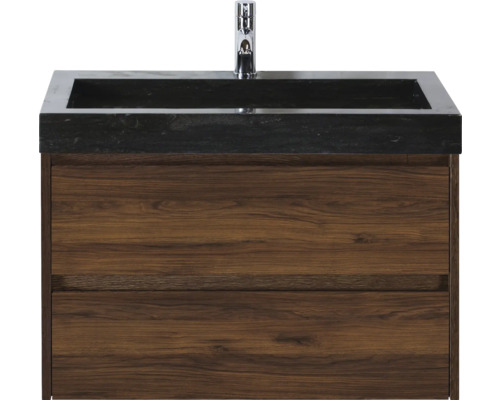 Meuble sous-lavabo avec deux tiroirs, lavabo noir et robinetterie