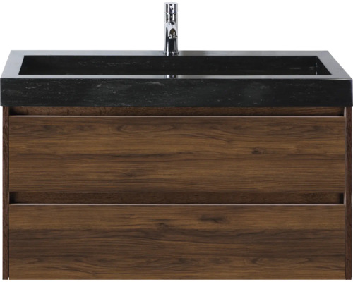 Meuble sous-lavabo avec lavabo noir et deux tiroirs