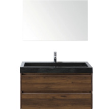 Combinaison de lavabo avec miroir, lavabo en pierre, meuble bas avec deux tiroirs et robinet