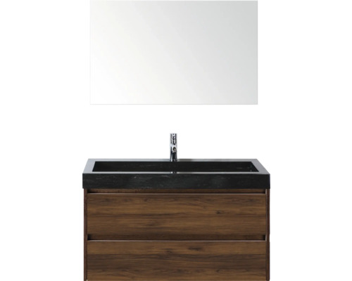 Combinaison de lavabo avec miroir, lavabo en pierre, meuble bas avec deux tiroirs et robinet