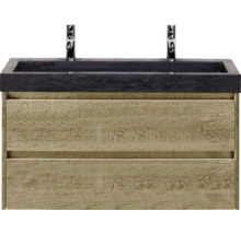 Meuble sous-lavabo avec deux tiroirs, plan de toilette et deux robinets