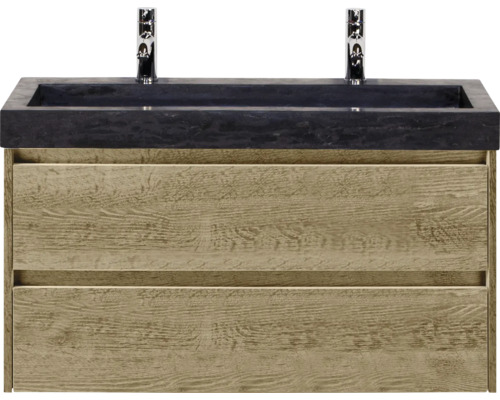 Meuble sous-lavabo avec deux tiroirs, plan de toilette et deux robinets