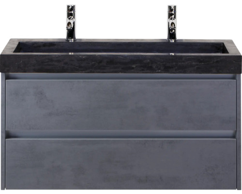 Lavabo en pierre naturelle avec meuble sous lavabo Sanox Dante lxhxp 101 cm x 58 cm x 45.5 cm couleur de façade béton anthracite Meuble sous-lavabo avec deux tiroirs et lavabo à poser