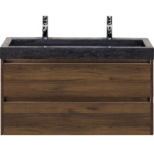 Meuble sous-lavabo avec deux tiroirs et un plan de toilette foncé