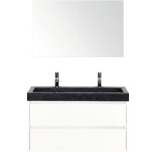 Meuble-lavabo avec miroir, dessus de lavabo noir et tiroirs blancs