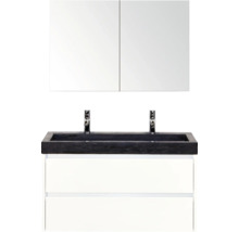 Meuble-lavabo avec miroir, vasque noire et tiroirs blancs