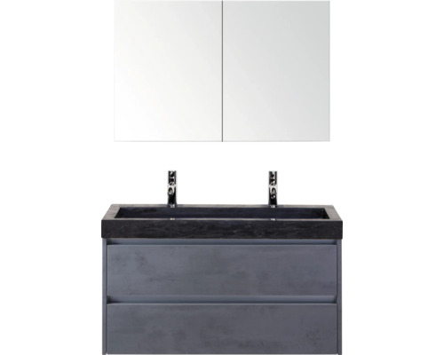 Meuble-lavabo avec double vasque, meuble bas et armoire de toilette