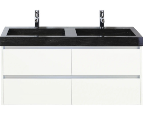 Lavabo double en pierre naturelle avec meuble sous lavabo Sanox Dante lxhxp 121 cm x 58 cm x 45.5 cm couleur de façade blanc Meuble sous-vasque avec deux lavabos et quatre tiroirs