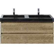 Meuble-lavabo avec deux lavabos, robinets et tiroirs en bois