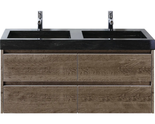 Lavabo double en pierre naturelle avec meuble sous lavabo Sanox Dante lxhxp 121 cm x 58 cm x 45.5 cm couleur de façade tabacco Meuble sous-lavabo avec double vasque, aspect bois et quatre tiroirs
