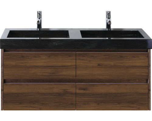 Meuble-lavabo avec deux lavabos, robinetterie et armoires en bois