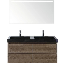 Waschtisch mit zwei Waschbecken, Unterschrank mit vier Schubladen und Spiegel mit Beleuchtung