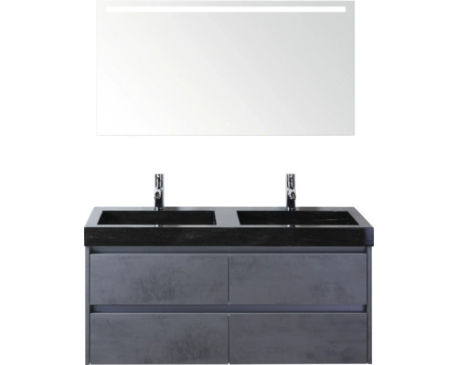 Double vasque avec meuble sous-vasque et miroir éclairé pour la salle de bain