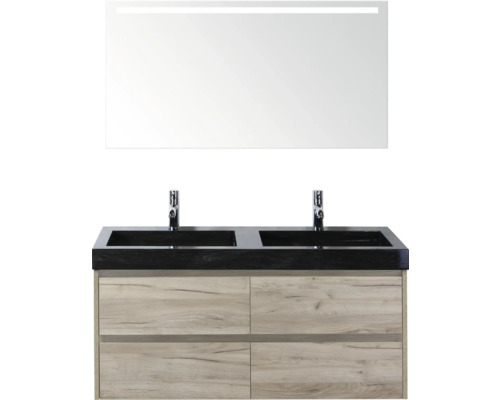 Meuble-lavabo avec deux lavabos, robinets, meuble sous-vasque et miroir avec éclairage pour la salle de bains