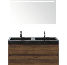 Meuble-lavabo avec double vasque, meuble bas en bois et miroir éclairé pour salle de bains