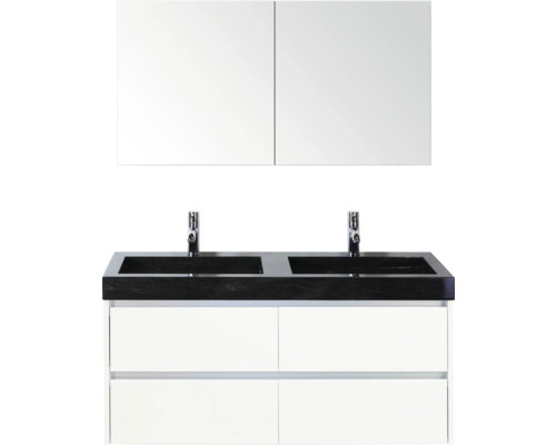 Waschtisch mit zwei Waschbecken, Armaturen, Unterschrank und Spiegelschrank für das Badezimmer