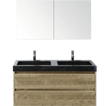 Meuble-lavabo double avec deux vasques, robinets, meuble sous-vasque et armoire de toilette pour la salle de bains.