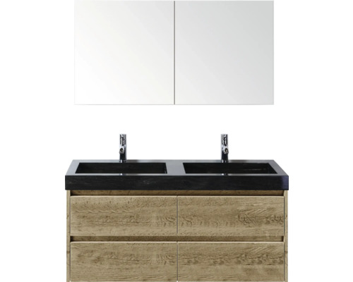 Meuble-lavabo double avec deux vasques, robinets, meuble sous-vasque et armoire de toilette pour la salle de bains.