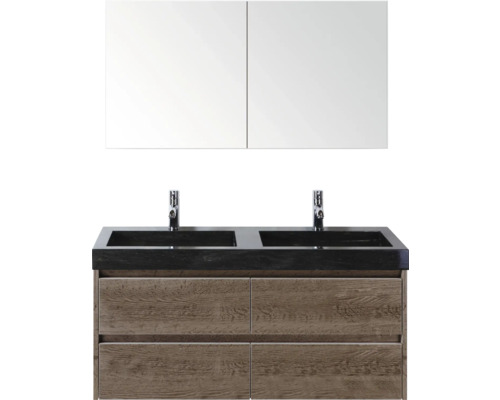 Waschtischkombination mit zwei Waschbecken, Armaturen, Unterschrank und Spiegelschrank