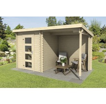 Gartenhaus mit überdachter Terrasse, Holzkonstruktion und Gartengestaltung.