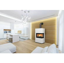 Wohnzimmer mit Kaminofen und offener Küche