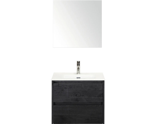 Combinaison de lavabo avec miroir, lavabo, robinetterie et meuble sous-vasque avec deux tiroirs