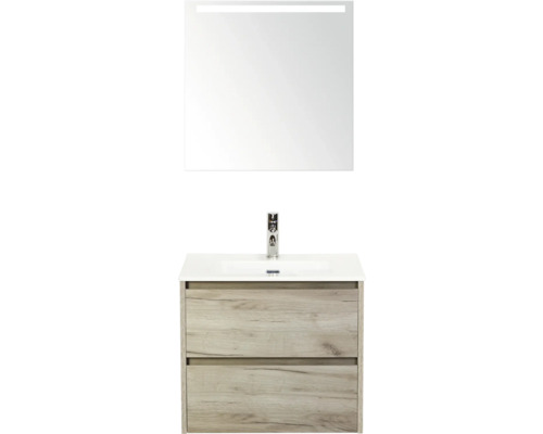 Meuble-lavabo avec deux tiroirs, lavabo, robinet et miroir éclairé