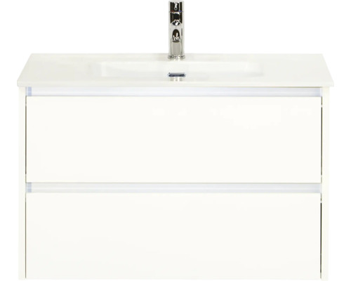 Meuble-lavabo blanc avec deux tiroirs et robinetterie