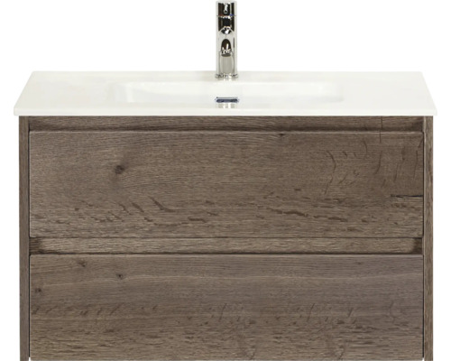 Lavabo en céramique avec meuble sous lavabo Sanox Dante lxhxp 81 cm x 52 cm x 46 cm couleur de façade tabacco Meuble-lavabo avec deux tiroirs et lavabo