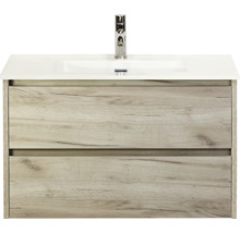 Meuble sous-vasque avec deux tiroirs, aspect bois et vasque à poser