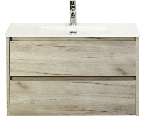 Meuble sous-vasque avec deux tiroirs, aspect bois et vasque à poser