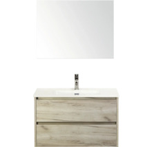 Meuble-lavabo avec miroir et deux tiroirs imitation bois pour salle de bains