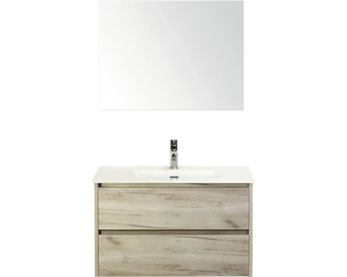 Meuble-lavabo avec miroir et deux tiroirs imitation bois pour salle de bains