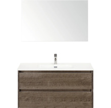 Meuble-lavabo avec deux tiroirs, plaque de lavabo, robinetterie et miroir