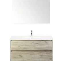 Meuble sous-vasque avec miroir, lavabo et deux tiroirs aspect bois