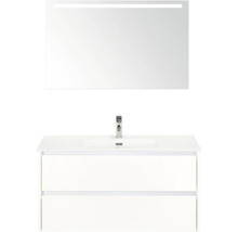 Meuble-lavabo avec deux tiroirs et miroir avec éclairage dans la salle de bain