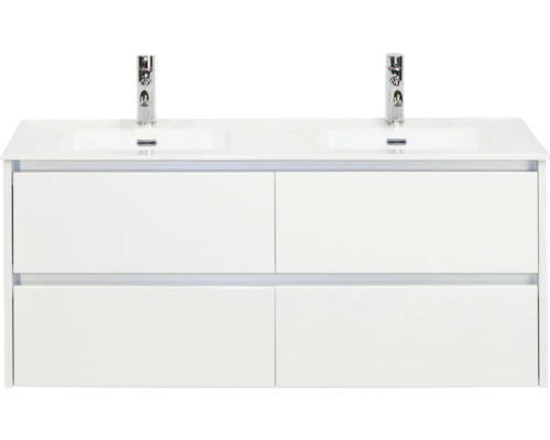 Meuble-lavabo blanc avec deux lavabos et quatre tiroirs