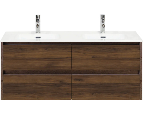 Meuble sous-lavabo avec deux lavabos et quatre tiroirs en décor bois