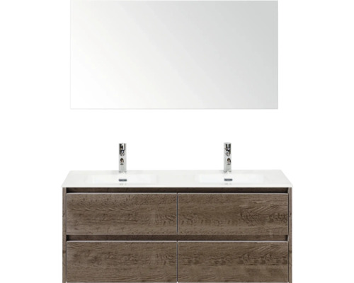 Meuble-lavabo avec miroir, double vasque et décor en bois