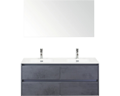 Meuble-lavabo avec double vasque, robinetterie et miroir