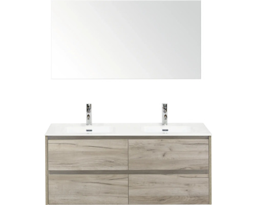 Meuble-lavabo avec double vasque, miroir et meuble bas en bois pour la salle de bain